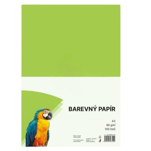 Papír barevný Color A3/80 světle zelený 100ks Papír barevný Color A3/80 světle zelený 100ks Světle zelený barevný papír A3 s gramáží 80g/m2 pro tvorbu plakátů