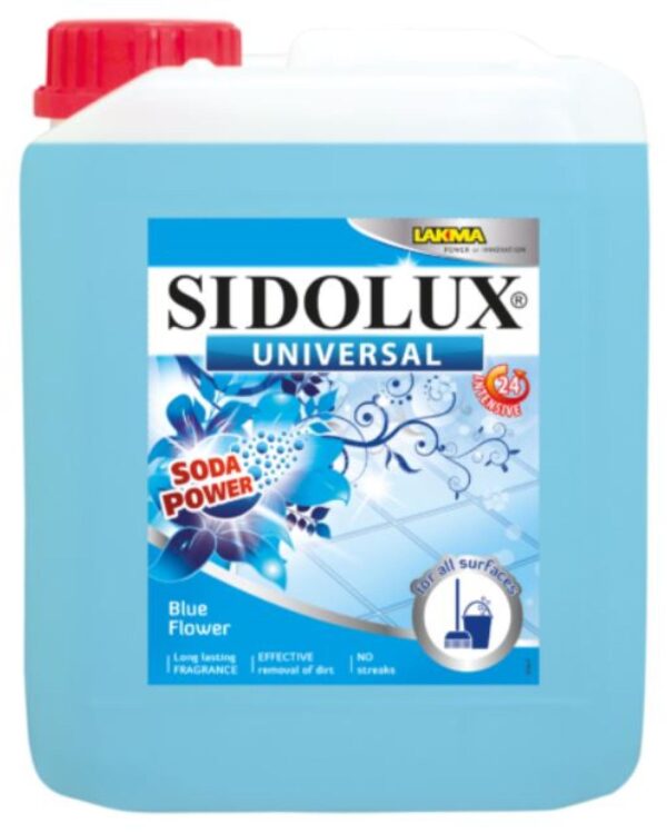Sidolux Soda Power universal čistič 5l Modrá květina/modrý SIDOLUX UNIVERSAL je čisticí prostředek vhodný na všechny omyvatelné povrchy. Velmi efektivně emulguje nečistoty díky systému Soda Power a snadněji je díky tomu odstraňuje z mytého povrchu. S prostředkem SIDOLUX UNIVERSAL je úklid snadný a příjemný díky vyjímečným vůním