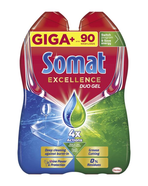 SOMAT gel do myčky MEGA 2x720ml Gel do myčky Somat Excellence dokonale odstraňuje zbytky jídla i odolnou mastnotu a zanechává čisté a zářivě lesklé nádobí. Snadno rozpouští nečistoty a neulpívá na nádobí