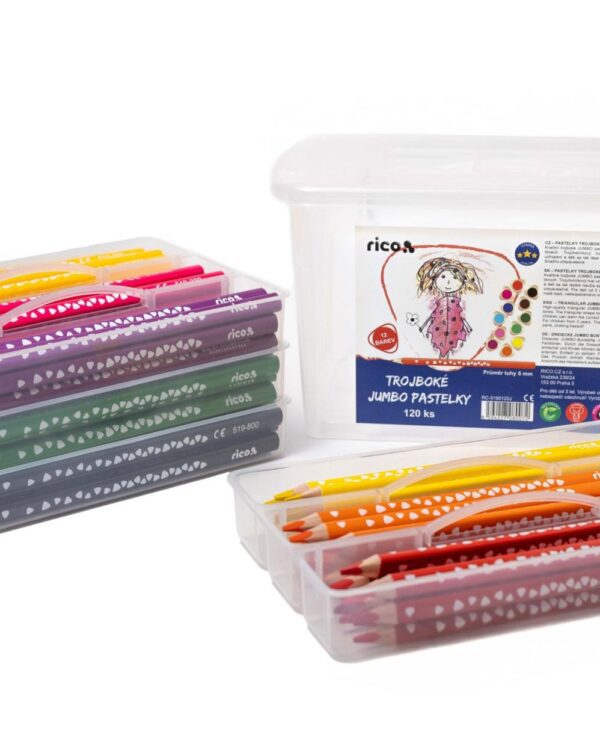 Pastelky RICO trojhranné JUMBO 5mm v úložném praktickém boxu 120ks Sada 120 trojhranných JUMBO pastelek je ideální volbou pro náročné milovníky omalovánek