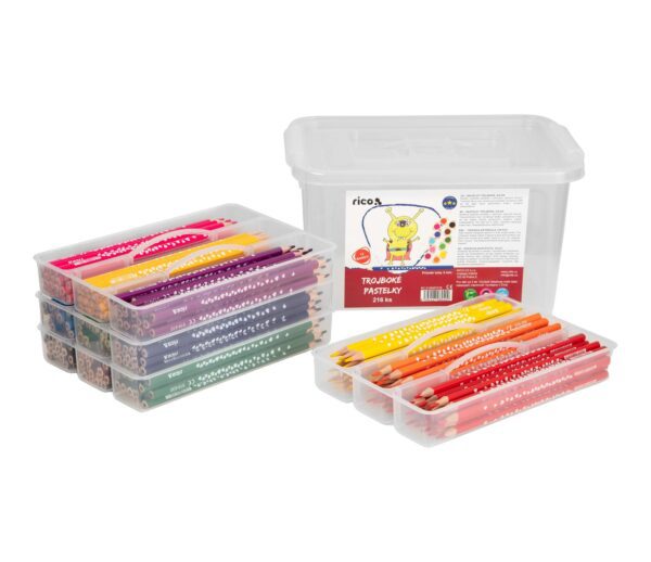 Pastelky RICO trojhranné 3mm v úložném praktickém boxu 216ks Pastelky RICO trojhranné 3mm v úložném praktickém boxu 216ks Trojhranné pastelky v sadě 216 kusů jsou nepostradatelným pomocníkem pro každou školní třídu nebo výtvarný kroužek. Trojhranný profil zajišťuje pohodlný úchop a vysokou kontrolu nad stopou