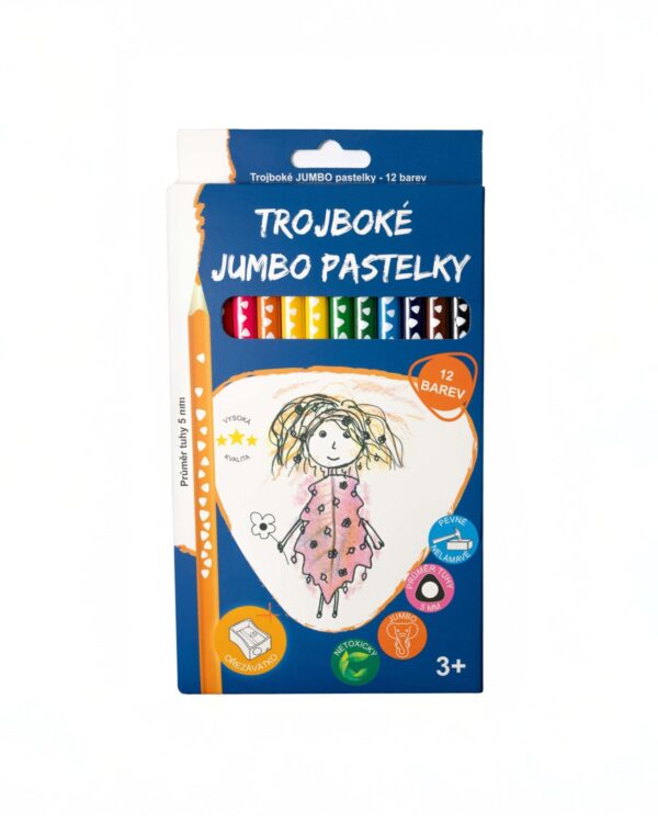 Pastelky RICO trojhranné JUMBO 12ks + ořezávátko Sada 12ks pastelek v ergonomickém trojúhelníkovém tvaru jsou ideální volbou pro první tvoření v mateřských školách i doma. Silná tuha o průměru 5 mm je téměř nezlomitelná a umožňuje snadné nanášení barvy bez zbytečného tlaku na ruku.