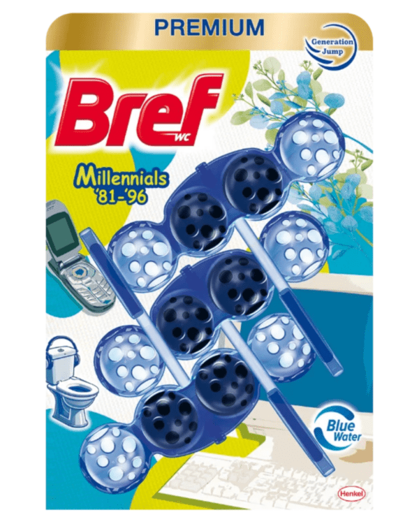 WC závěs BREF barvící vodu aktiv kuličky 3ks/bal Millennials Tuhý WC blok Millennials poskytuje díky čtyřem aktivním složkám ochranu proti nečistotám a vodnímu kameni. Při každém spláchnutí zajišťuje dlouhotrvající vůni. Toaletní blok Bref nejen čistí