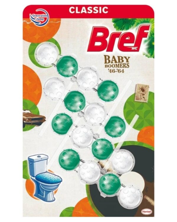 WC závěs BREF power aktiv kuličky 3ks/bal Baby Boomers Zažijte generační skok v péči o toaletu s novou limitovanou edicí Bref 4 Baby Boomers! Tato speciální edice kombinuje ověřenou účinnost s moderním složením