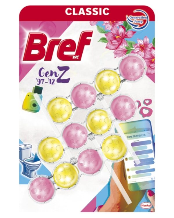 WC Závěs BREF power aktiv kuličky 3ks/bal Gen Z Dopřejte své koupelně upgrade s limitovanou edicí Bref Classic Gen Z. Tento WC blok není jen o hygieně