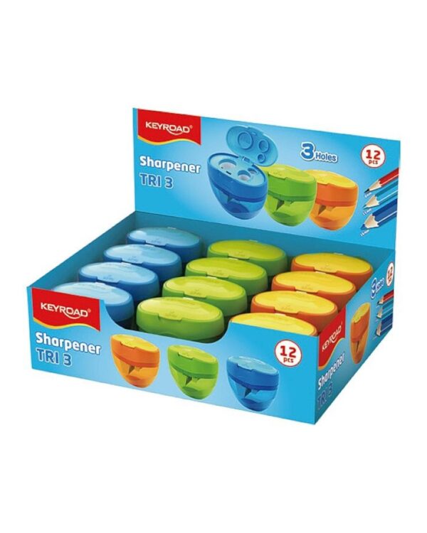 Ořezávátko KEYROAD TRI se zásobníkem na 3 tužky mix barev Ergonomické ořezávátko Keyroad TriPlus se zásobníkem. Trojúhelníkový tvar pro snadný úchop a čisté ořezávání bez nepořádku. Ideální do školy!