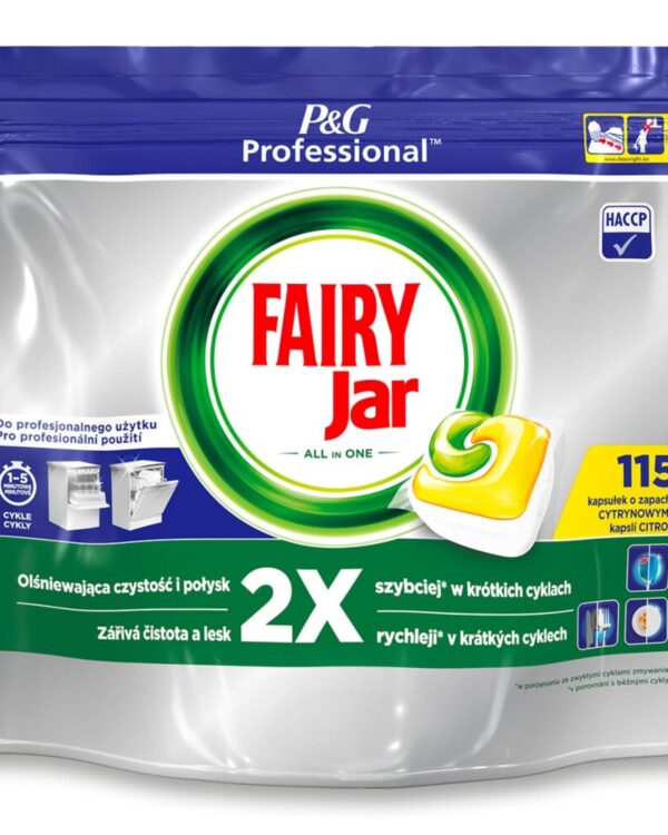 Tablety do myčky JAR All in one 115ks Produkt Jar All in One představuje ideální volbu pro každodenní mytí nádobí ve všech typech myček. Tablety kombinují sílu mycího prostředku