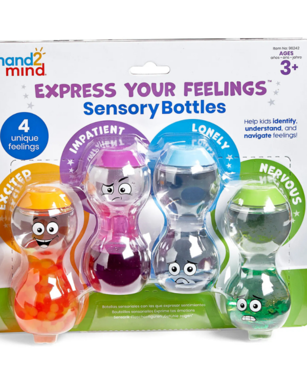 Sensory přesýpací Emoce 4ks Tato sada obsahuje 4 uzavřené a pro děti bezpečné senzorické lahve