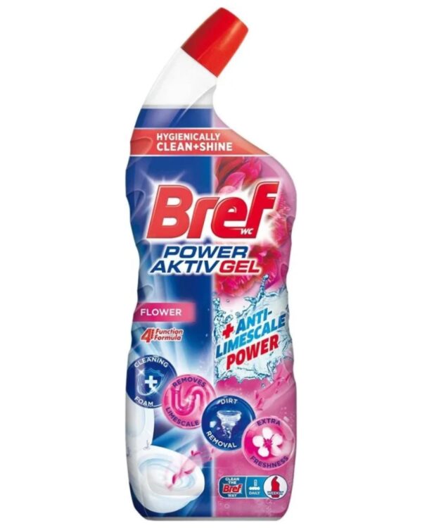 Bref čistič WC gel 700 ml Floral Bref gelový WC čistič díky silnému složení účinnému zejména proti vodnímu kameni zajišťuje hygienickou čistotu a lesk vaší toalety. WC čistič po aplikaci dodá vaší toaletě také příjmenou vůni. Automaticky se aktivuje při kontaktu s povrchem