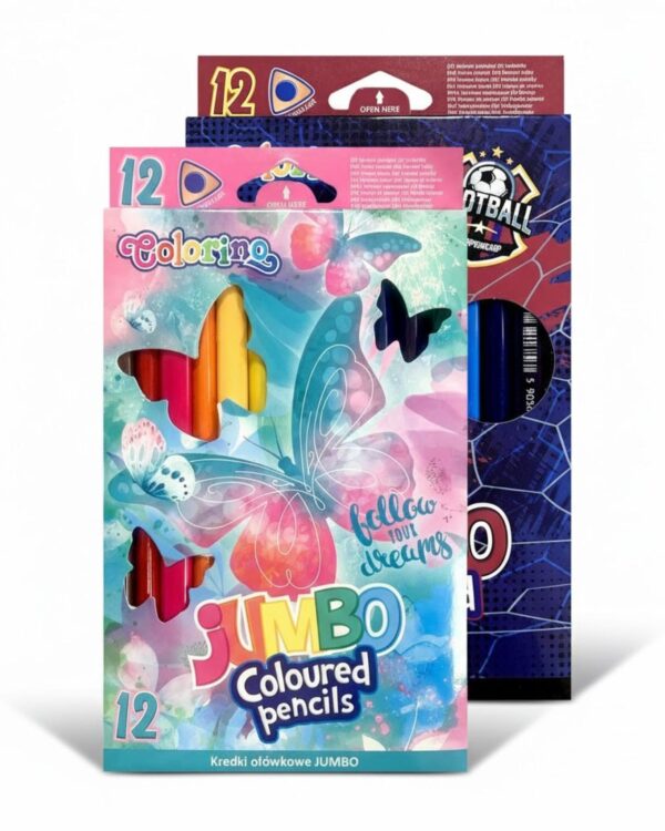 Pastelky Colorino trojhranné JUMBO 12 barev mix motivů Trojhranné silné pastelky s vysokým obsahem pigmentu pro krásné a syté barvy a průměrem tuhy 5mm. Ergonomický tvar pastelky umožňuje snadné držení a lehké malování. Lepená tuha po celé délce zamezuje zlomení při pádu pastelky.