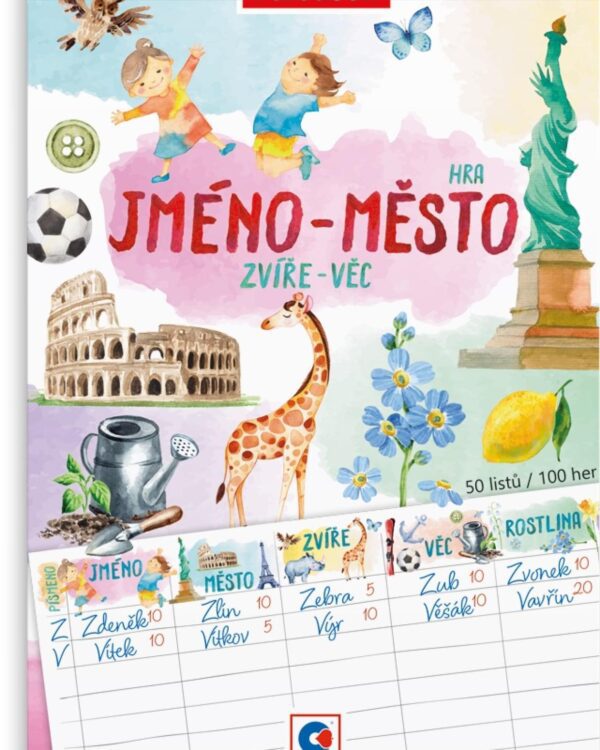Blok pro hru  Jméno - město Zahrajte si klasickou hru Jméno - město! Praktický blok ve formátu A5 obsahuje 50 listů pro vaši zábavu doma i na cestách. Stačí jen tužka a chuť hrát.