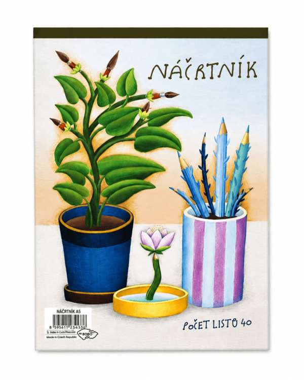Náčrtník A5/40 listů Náčrtník formátu A5 nabízí 40 listů kvalitního recyklovaného papíru s gramáží minimálně 80 g/m2. Díky praktické vazbě lepené po kratší straně a zpevňující hřbetní pásce jsou listy pevně drženy pohromadě