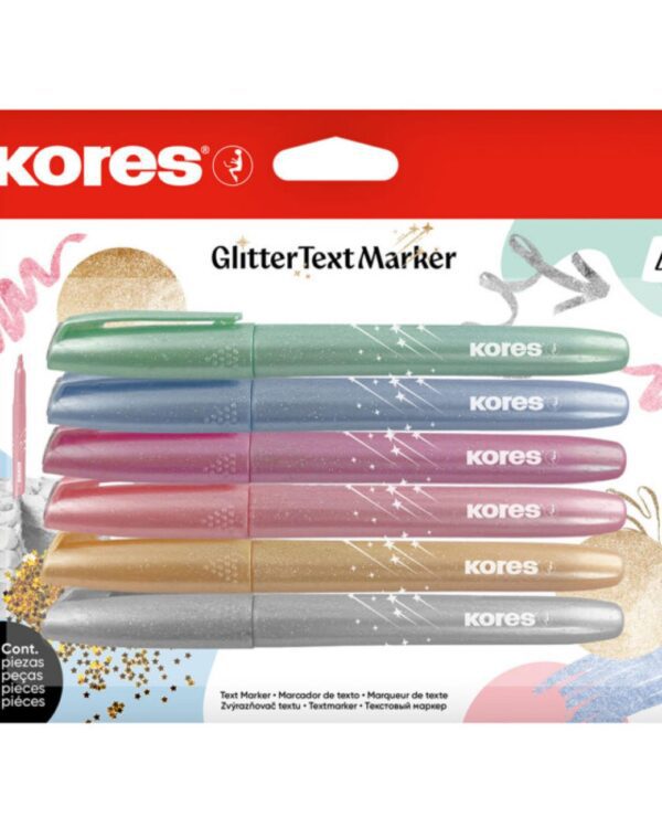 Zvýrazňovač KORES Glitter 6ks metalické barvy s třpytivým efektem Kores třpytivé zvýrazňovače jsou určeny pro plynulé zvýrazňování textu a dekorativní popisování na všech typech papíru. Jemný třpytivý inkoust dodá textu decentní lesk při zachování jeho čitelnosti.Parametry:-Zkosený hrot