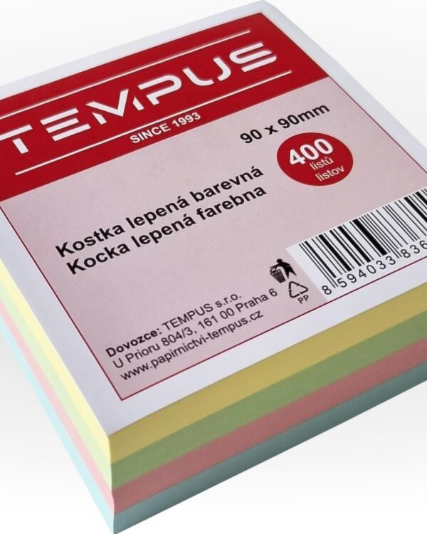 Blok kostka 9x9cm/400listů barevný lepený Náhradní poznámkový papír v barevném provedení určený k umístění do stojánku. Listy jsou lepeny do bloku. Poznámkové kostky jsou nepostradatelnou pomůckou na každém pracovním stole. Parametry:Rozměry: 9 x 9 cmBarva: bílá Balení: 1 ks (400 ks)