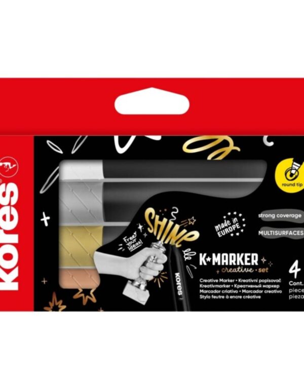 Značkovač KORES K-Marker Permanent Creative 4ks Kreativní akrylové značkovače na vodní bázi s kulatým hrotem. Z většiny neporézních povrchů lze odstranit vodou a běžnými čisticími prostředky. Vhodné pro kreativní projekty