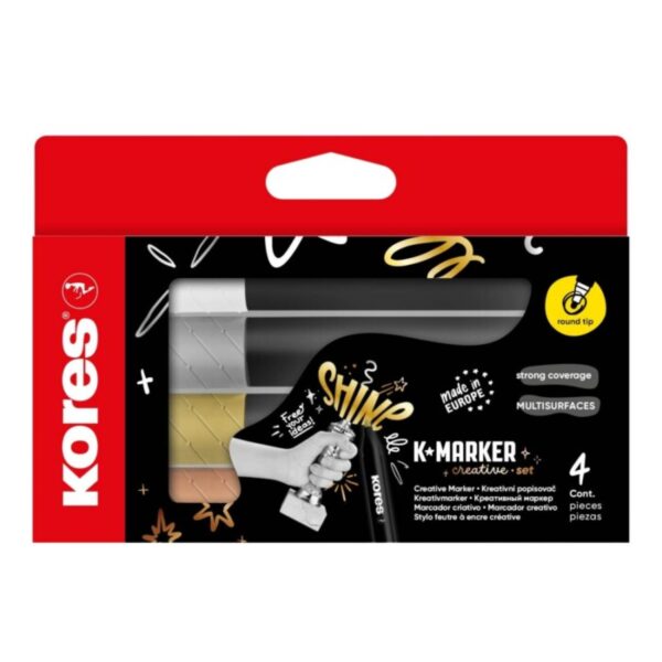 Značkovač KORES K-Marker Permanent Creative 4ks Značkovač KORES K-Marker Permanent Creative 4ks Kreativní akrylové značkovače na vodní bázi s kulatým hrotem. Z většiny neporézních povrchů lze odstranit vodou a běžnými čisticími prostředky. Vhodné pro kreativní projekty