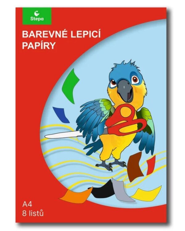 Barevné papíry lepicí 8 listů Barevný lepicí papír A4 ve složce - 8 barevných lepicích papírů (oranžová