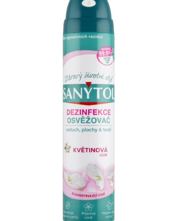 Sanytol osvěžovač vzduchu 300ml Květiny Dezinfekční osvěžovač vzduchu SANYTOL pro dokonalou hygienu pracovního prostředí a příjemnou vůni. Neutralizuje pachy a zabíjí 99
