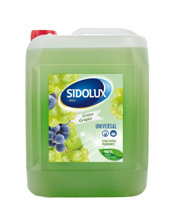 Sidolux Soda Power universal čistič 5l Zelené hrozny /zelený Čisticí prostředek SIDOLUX je vhodný na všechny omyvatelné povrchy. Velmi efektivně emulguje nečistoty díky systému Soda Power a snadněji je díky tomu odstraňuje z mytého povrchu. S prostředkem Sidolux je úklid snadný a příjemný díky vyjímečným vůním