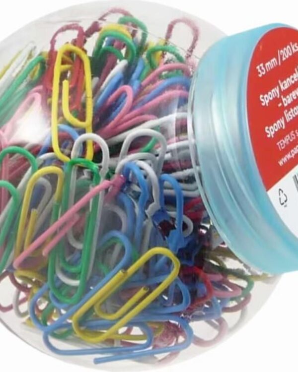 Dopisní spony barevné 200ks/33 mm v dóze Klasické kancelářské spony barevné 