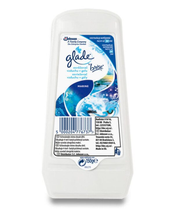 WC gel osvěžovač Brise 150g/vůně moře Gelový osvěžovač značky Glade. Přináší svěžest do vašeho domova po celé týdny. Po vybalení z ochranné fólie okamžitě zbavuje místnost nepříjemných pachů a osvěží prostředí vašich domovů. Rychle a účinně osvěží vzduch v ložnicích