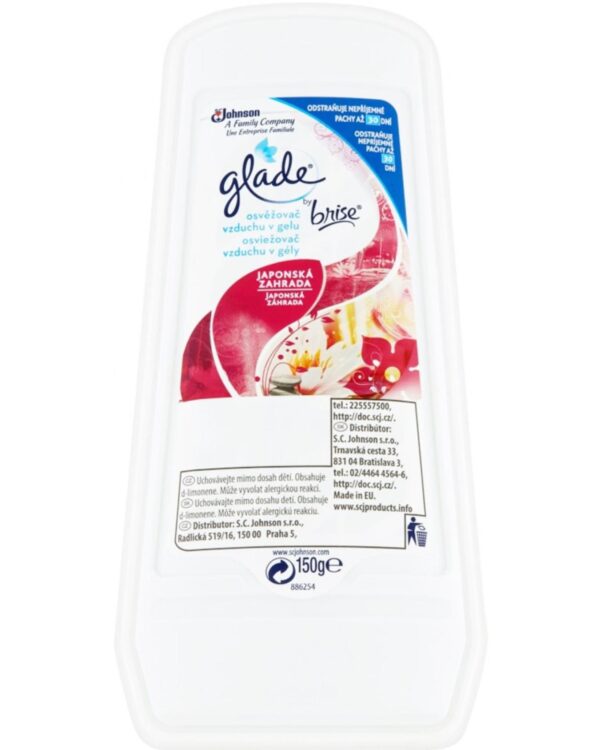 WC gel osvěžovač Brise 150g/ vůně japonská zahrada Gelový osvěžovač značky Glade. Přináší svěžest do vašeho domova po celé týdny. Po vybalení z ochranné fólie okamžitě zbavuje místnost nepříjemných pachů a osvěží prostředí vašich domovů. Rychle a účinně osvěží vzduch v ložnicích