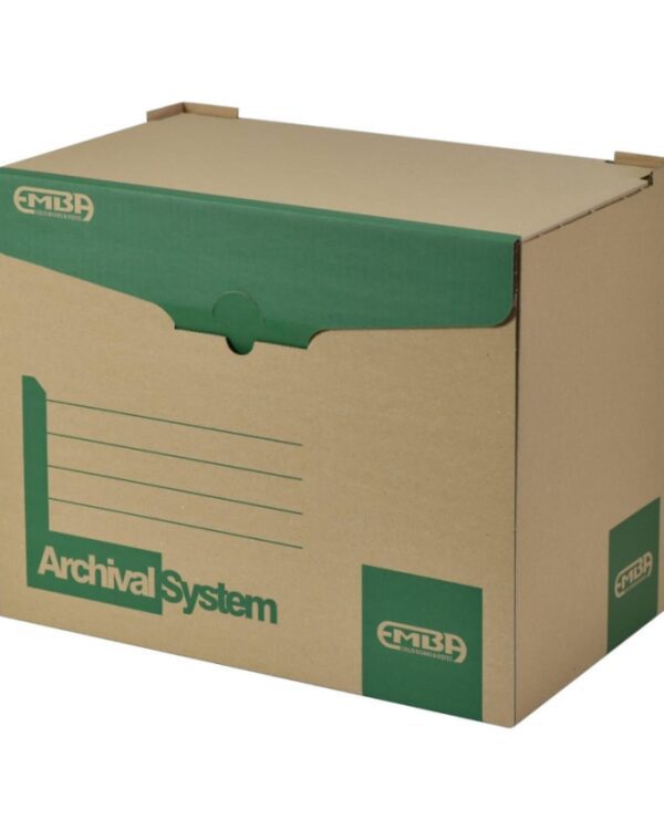 Kontejner archivní úložný box na 5ks EMBA Kontejner pro snadné ukládání a archivaci dokumentů. Vyrobeno z kvalitní třívrstvé vlnité lepenky. Speciální konstrukční prvky umožňují stohování kontejnerů. Otevírání z boční širší strany pro snadný přístup k dokumentům. Skvělý pomocník do všech kanceláří