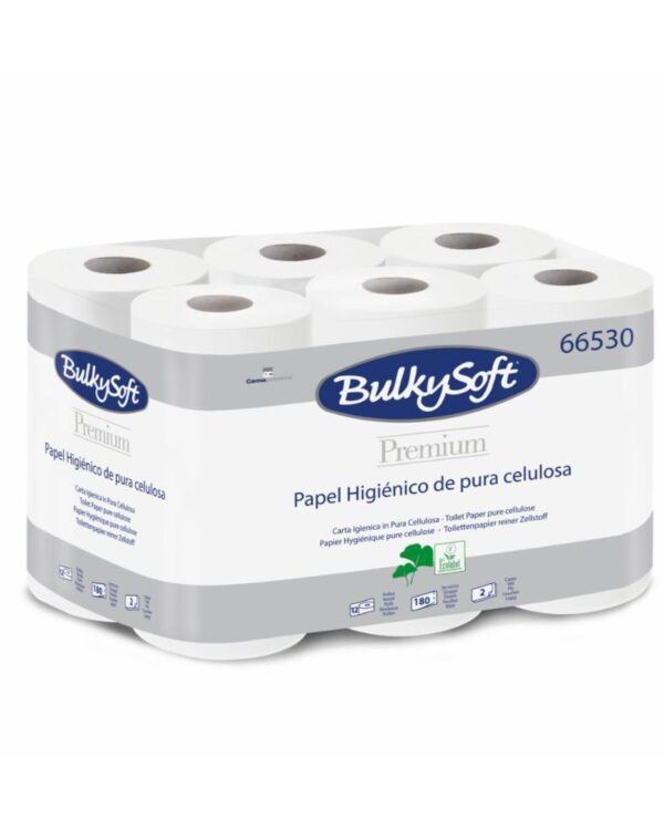 Toaletní papír 200 2vrs. BulkySoft  Premium/ návin 19m Toaletní papír jemný dvouvrstvý BULKYSOFT nabízí optimální poměr mezi kvalitou a cenou pro každodenní použití. Vyrobený ze 100 % celulózy v čisté bílé barvě zajišťuje příjemnou měkkost a dostatečnou absorpci. Dvě vrstvy poskytují spolehlivou pevnost a komfort při použití.Balení obsahuje 12 rolí toaletního papíru Parametry:-Celková délka 228 metrů-Celkový počet útržků 2 160 kusů-Materiál a složení 100 % celulóza -Počet vrstev: 2vrstvý -Barva: Bílá -Délka role: 19 m -Počet útržků na roli: 180 kusů -Karton: 8 balení x 12 rolí