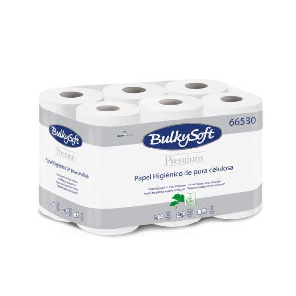 Toaletní papír 200 2vrs. BulkySoft Premium/ návin 19m Toaletní papír 200 2vrs. BulkySoft Premium/ návin 19m Toaletní papír jemný dvouvrstvý BULKYSOFT nabízí optimální poměr mezi kvalitou a cenou pro každodenní použití. Vyrobený ze 100 % celulózy v čisté bílé barvě zajišťuje příjemnou měkkost a dostatečnou absorpci. Dvě vrstvy poskytují spolehlivou pevnost a komfort při použití.Balení obsahuje 12 rolí toaletního papíru Parametry:-Celková délka 228 metrů-Celkový počet útržků 2 160 kusů-Materiál a složení 100 % celulóza -Počet vrstev: 2vrstvý -Barva: Bílá -Délka role: 19 m -Počet útržků na roli: 180 kusů -Karton: 8 balení x 12 rolí