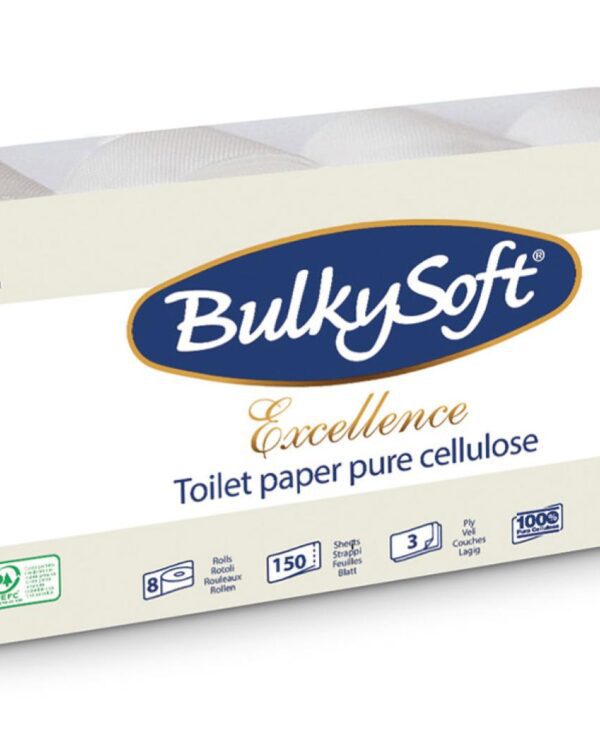 Toaletní papír 200 3vrs. BulkySoft Excellence/ návin 16m Toaletní papír jemný třívrstvý BULKYSOFT nabízí optimální poměr mezi kvalitou a cenou pro každodenní použití. Vyrobený ze 100 % celulózy v čisté bílé barvě zajišťuje příjemnou měkkost a dostatečnou absorpci. Tři vrstvy poskytují spolehlivou pevnost a komfort při použití.